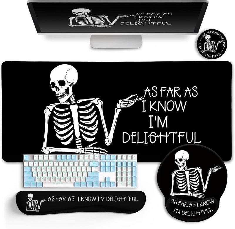 LIMKRIAN Ergonomic Mouse Pad with Wrist Rest Desk Mat Set, Skeleton Gaming Mouse Pads, Keyboard Mat Wrist Rest Cup Coaster, Funny Office Desk Accessories - Image 1